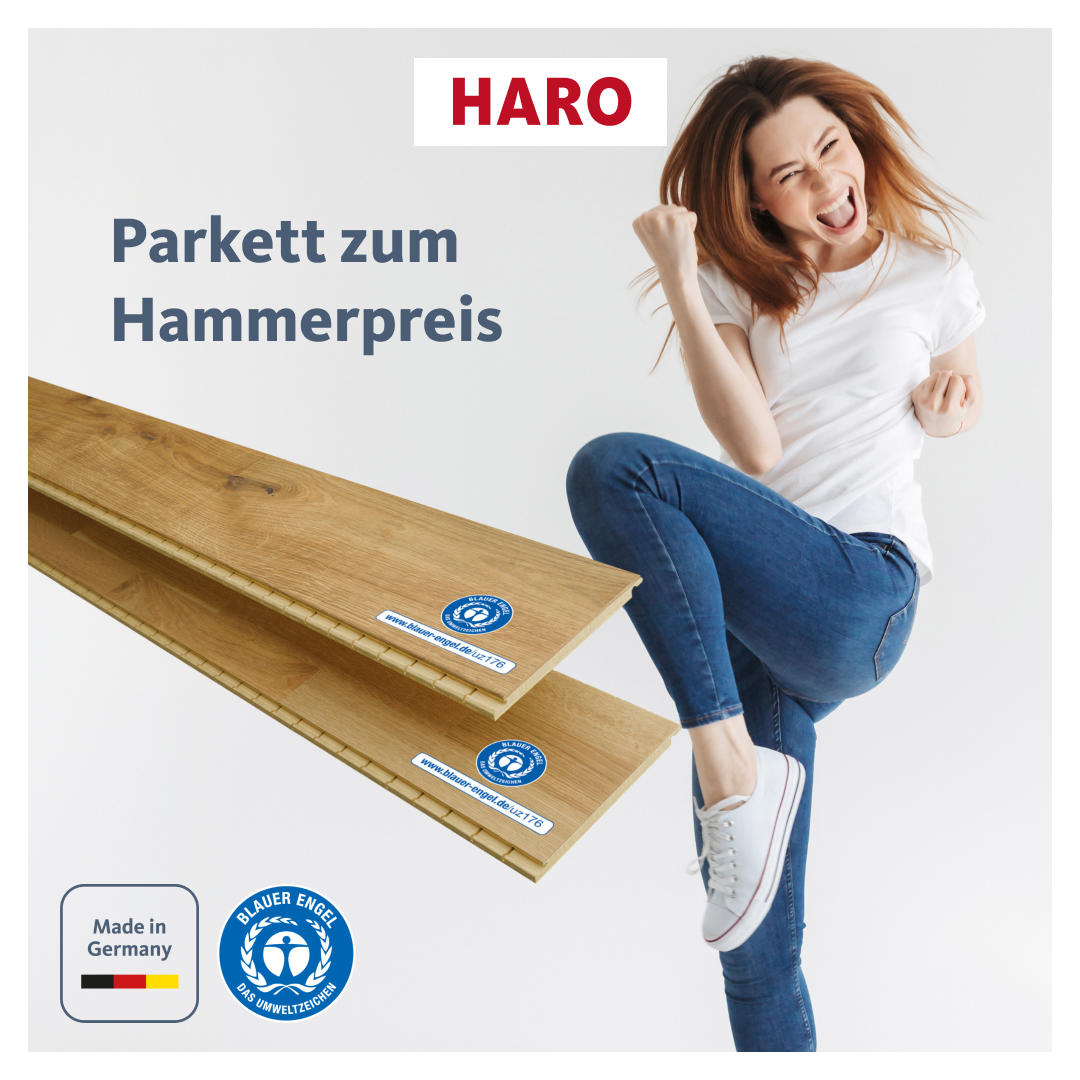 Aktionsbild HARO Hammerpreisdiele - eine Frau springt in die Höhe und freut sich - daneben die beiden Aktionsdielen